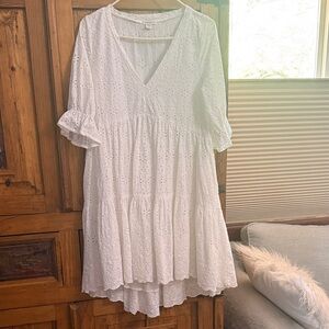 Sundance White Eyelet V-Neck Tiered Midi Dress